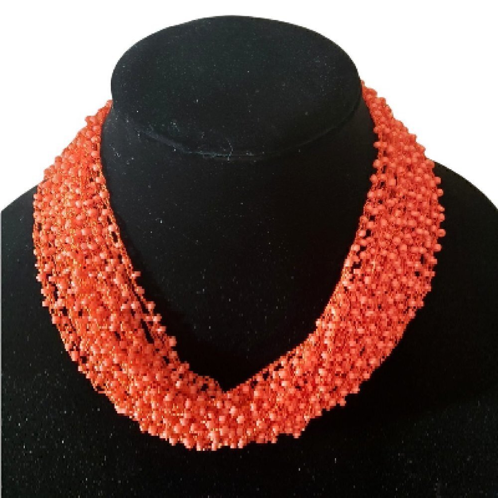 Womens Coral Pink Crochet Beads Bib Collar Tribal Statement Necklace Beadwork